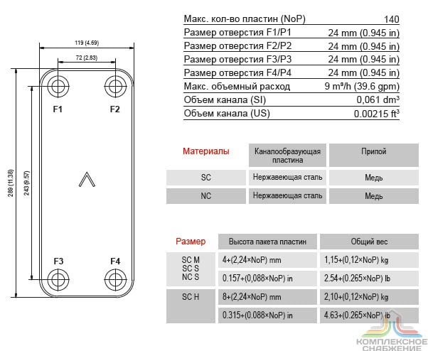 Габаритный чертёж и параметры паяного пластинчатого теплообменника SWEP V10T